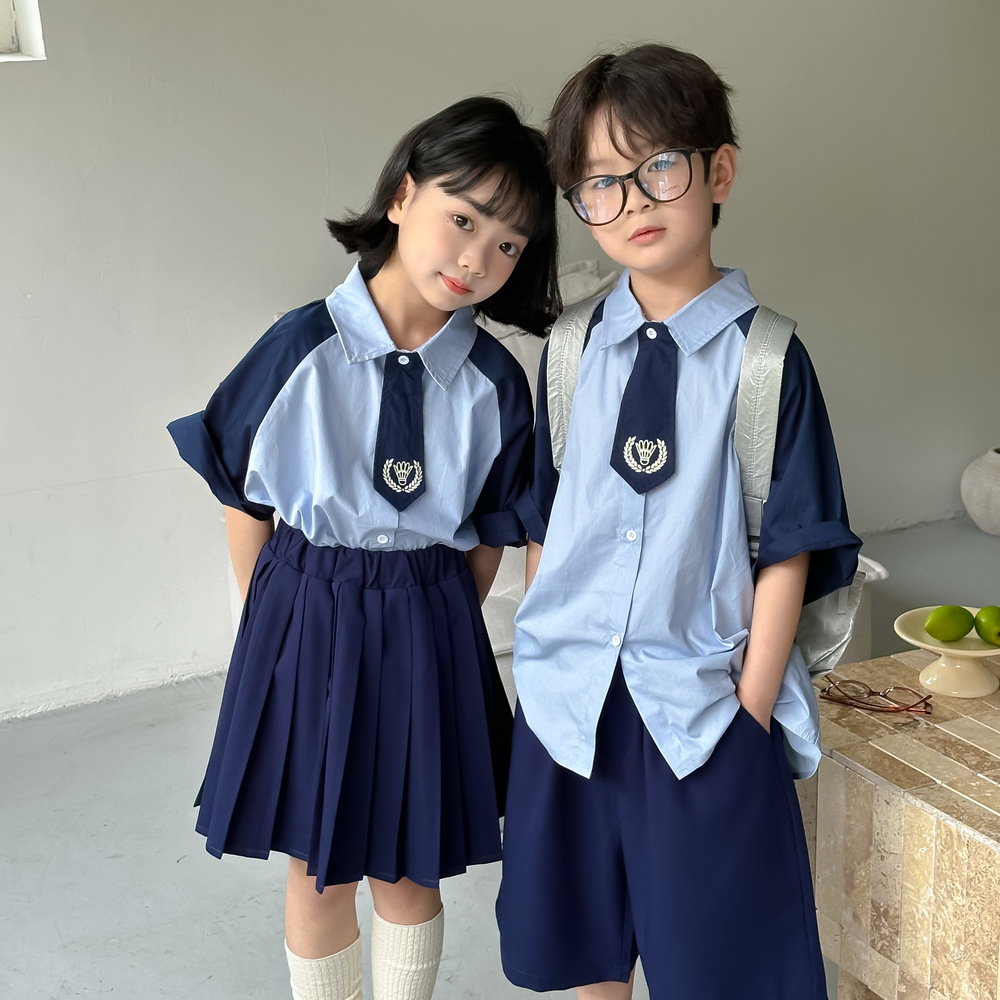 童套装2024夏男童女童韩版百褶裙领结套装儿童短袖短裤校服兄妹装
