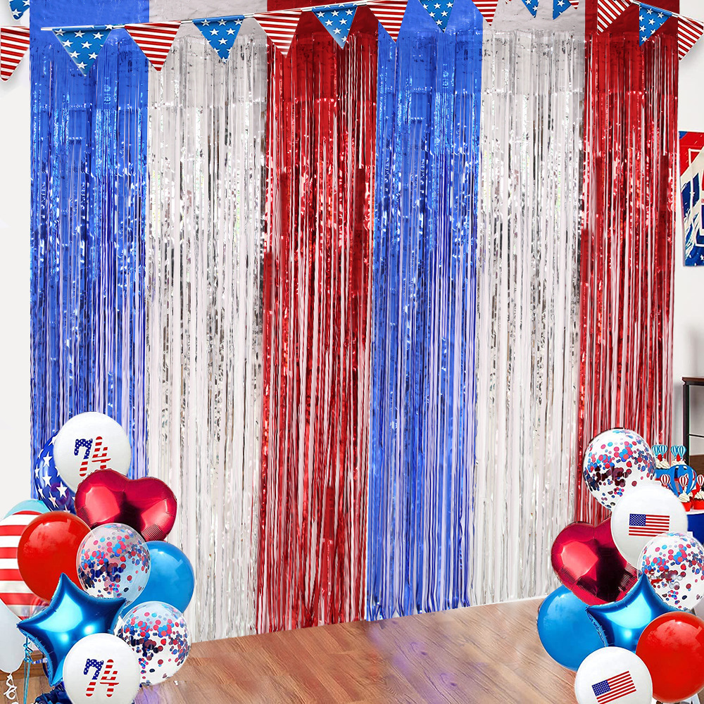 New American Independence Day Tinsel Curtain Holiday Party Decoration Background Wall Layout Red White Blue Rain Silk Door Curtain