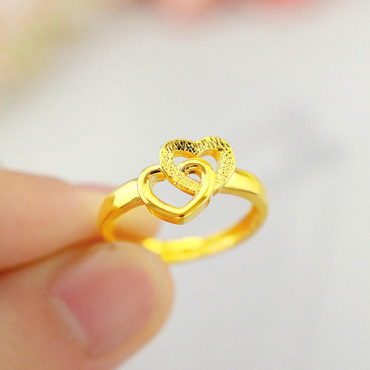 黄金戒指999足金女款心心相印指环纯金新款双爱心戒指可调节送礼