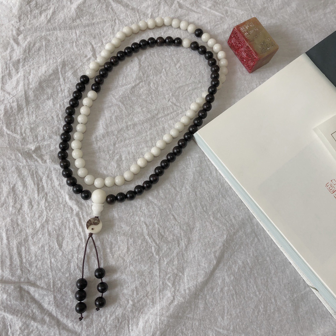 白菩提黑檀木佛珠手串108颗混元珠道家念珠阴阳太极八卦菩提手链