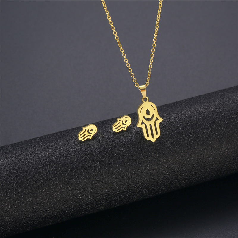 European Hip Hop Stainless Steel Golden Eyes Necklace and Earring Suit Cross-Border Fatima Hand Pendant Ecklace