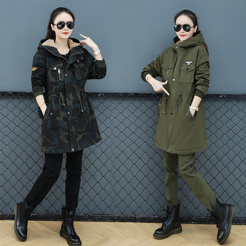 加绒加厚迷彩棉衣女中长款2022秋冬新款宽松开衫连帽外套黑色套装