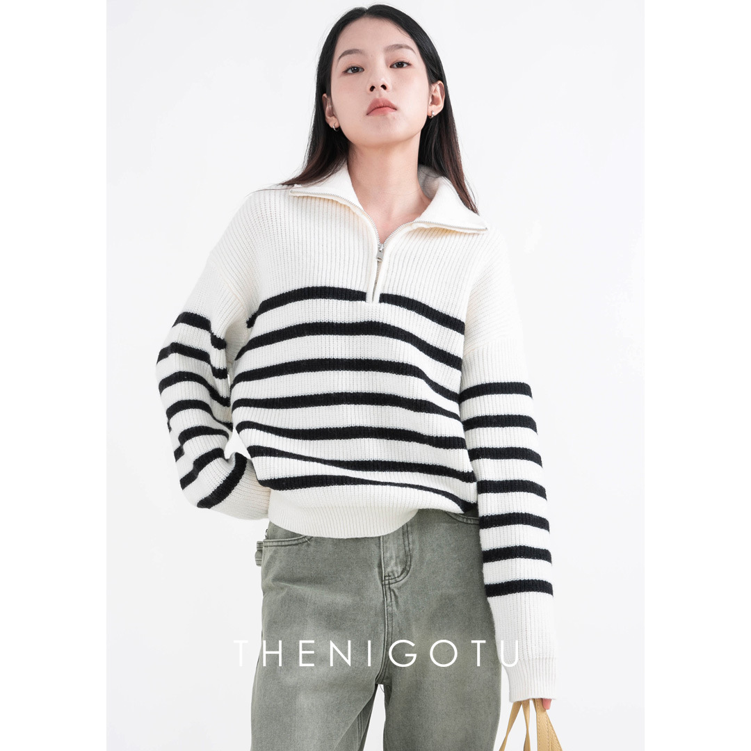 dorothy丨海军领条纹针织毛衣女2023新款秋冬半拉链上衣内搭外套