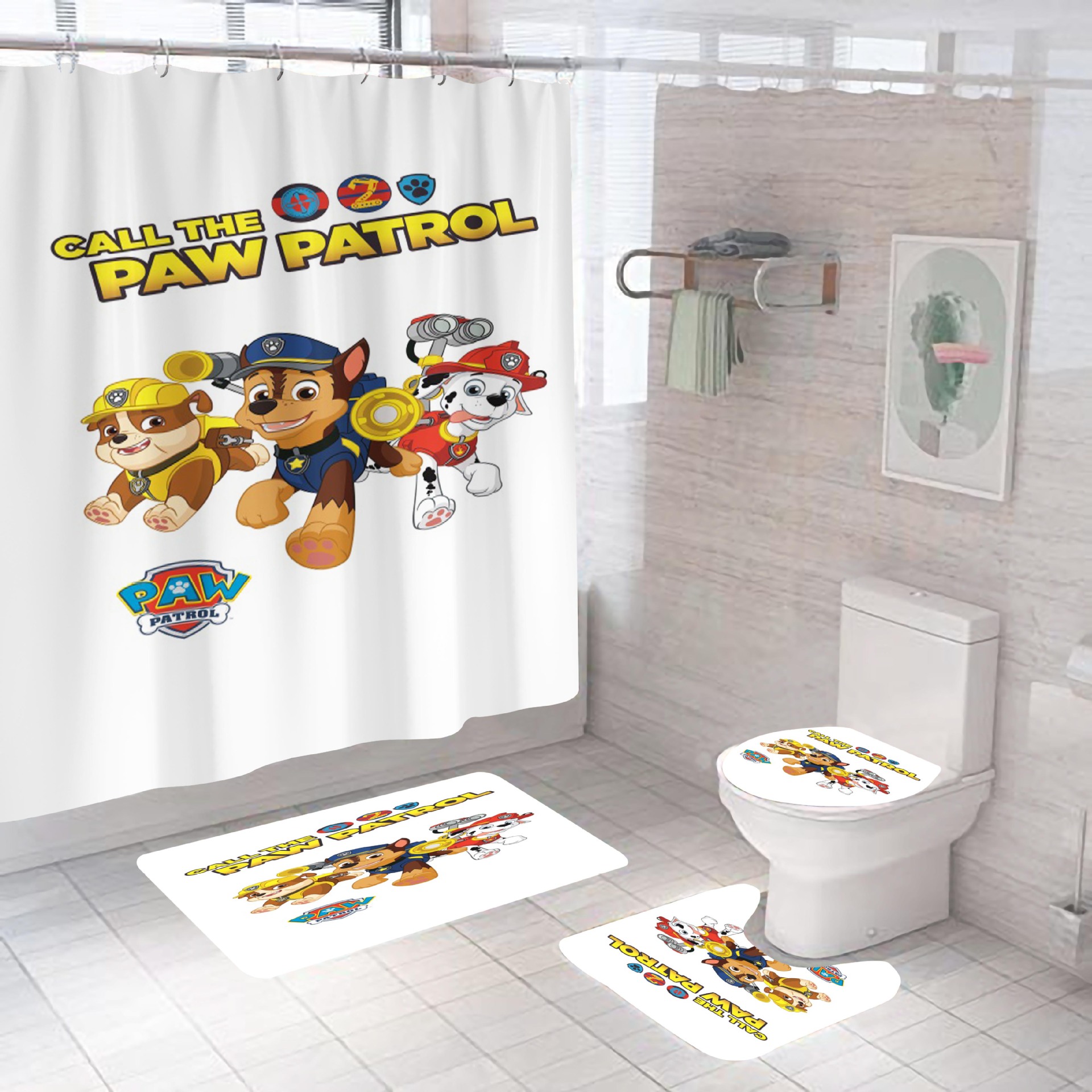 Amazon Hot Sale Paw Patrol Cartoon Anime Series Mildew-Proof Waterproof Polyester Bathroom Shower Curtain Four-Piece Suit