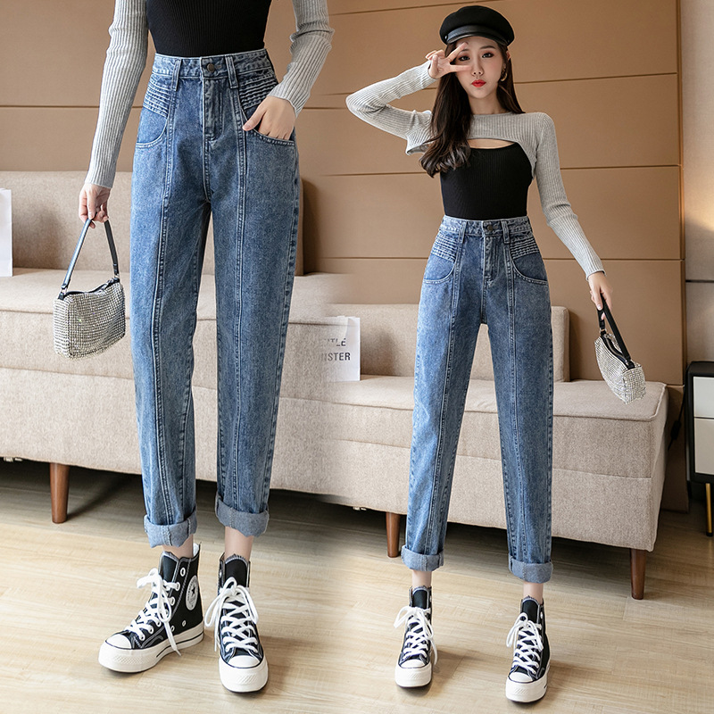 Cross-Border Stretch Fabric Jeans Women's Retro High Waist Simple Casual Slimming Korean Style Straight Raddish Dad Jeans