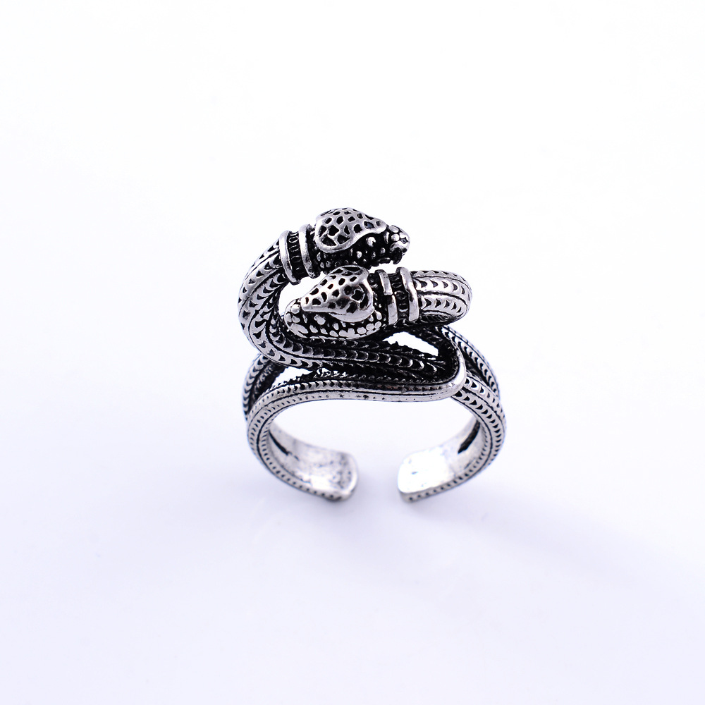 欧美跨境时尚复古眼镜双头蛇戒指 gsrden系列缠绕灵蛇男士开口戒
