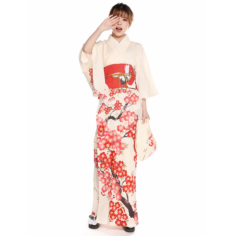 跨境日本和服女樱花和服传统日本访问和服正装定位印花不易皱可洗