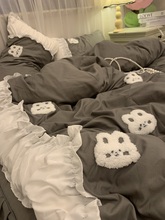 1S7Eins灰色水洗棉刺绣公主风被罩床上四件套学生床单三件套少女