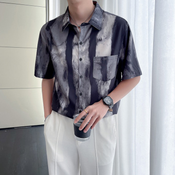 休闲男士高级感上衣花衬衫男港风痞帅水墨画设计感短袖花衬衣外套