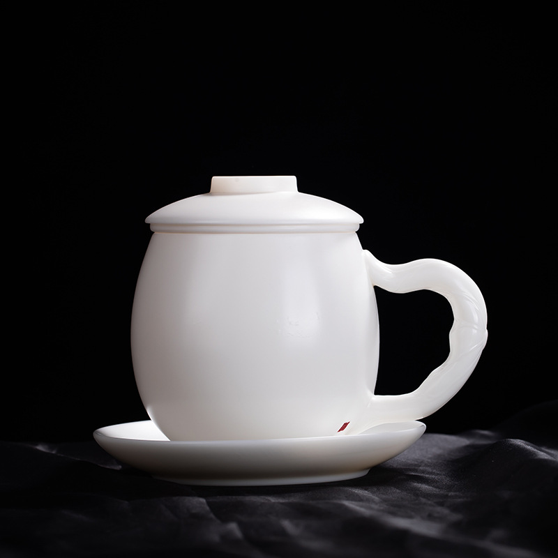 羊脂玉陶瓷功夫泡茶杯办公室茶水分离杯会议室带盖过滤办公杯带把
