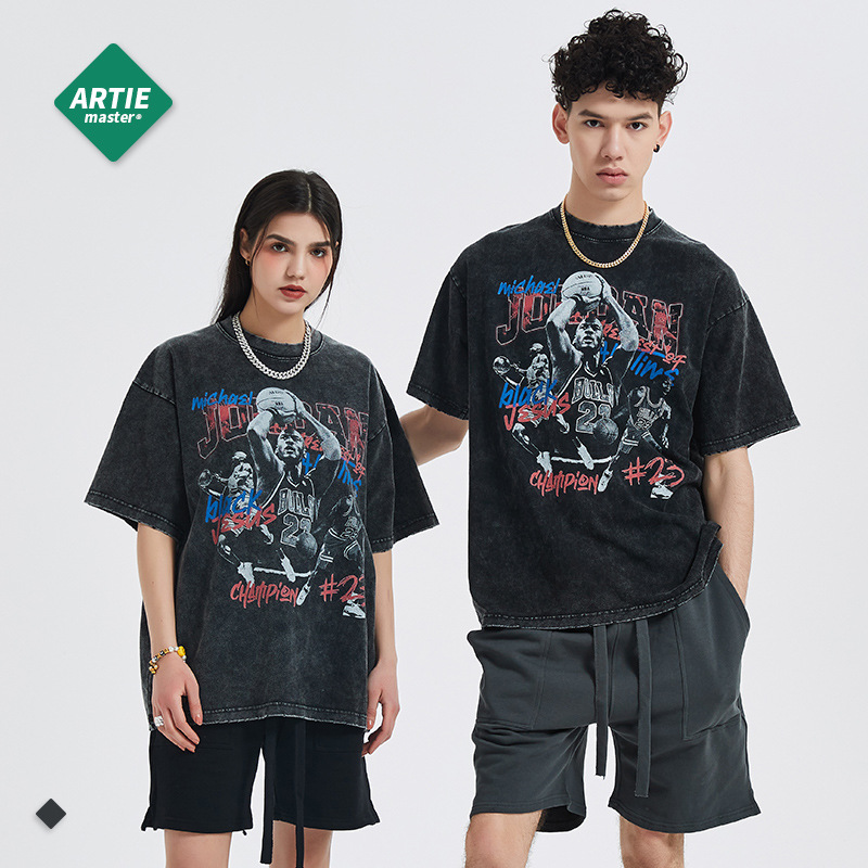 artie男装|ins风欧美乔丹球队做旧男短袖炒雪花做旧黑男式短袖t恤