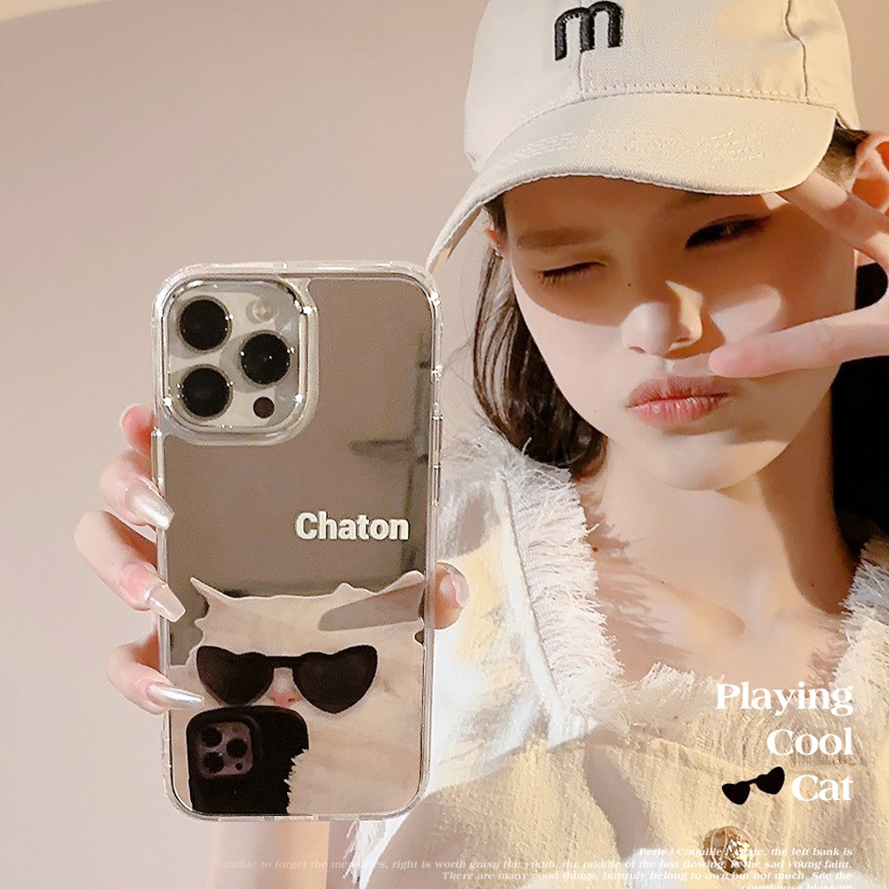 墨镜酷猫iPhone16适用13promax苹果手机壳11小众搞怪12镜面15代发