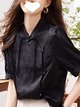 黑色真丝复古旗袍衬衫女夏装中国风盘扣短袖雪纺衫新中式上衣