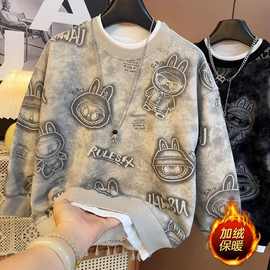 天才鲸加绒男童卫衣秋冬新款中大童春秋拉布布卡通长袖宽松上衣潮