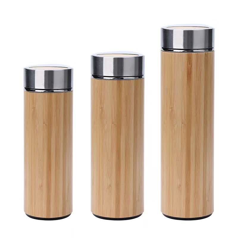 Customized Laser Engraving Double-Wall Bamboo Engraved Stainless Steel Water Bottle Household Thermos Office Bamboo Shell Water Bottle Tumbler