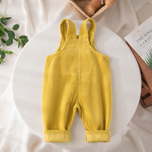 婴儿灯芯绒背带裤1-2-3岁宝宝条绒吊带裤黄色春秋单裤高腰护直销