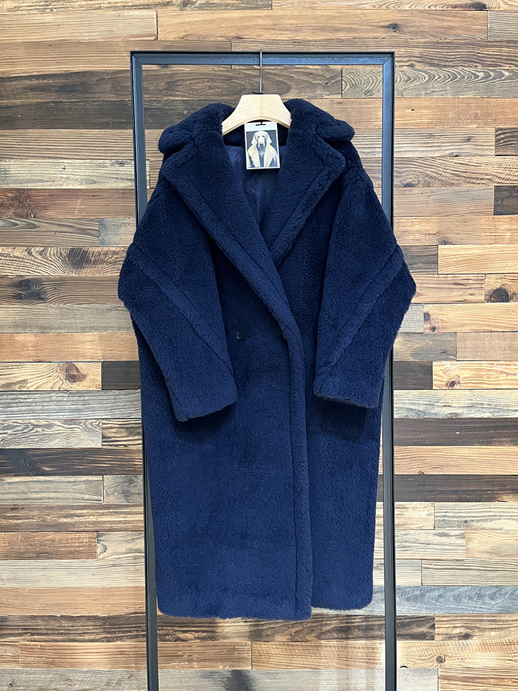 2023新款m家同款午夜蓝羊毛长款泰迪熊皮草大衣外套女廓形宽松