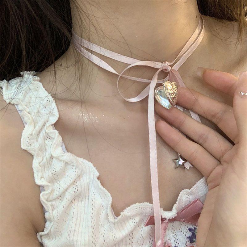 少女时代丝带绑带粉色爱心项链choker颈带芭蕾风脖子锁骨配饰夏女