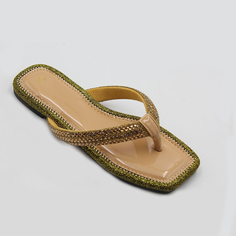 安格鞋业大码时尚镶钻凉拖slippers外穿平底沙滩拖鞋夹趾人字女鞋