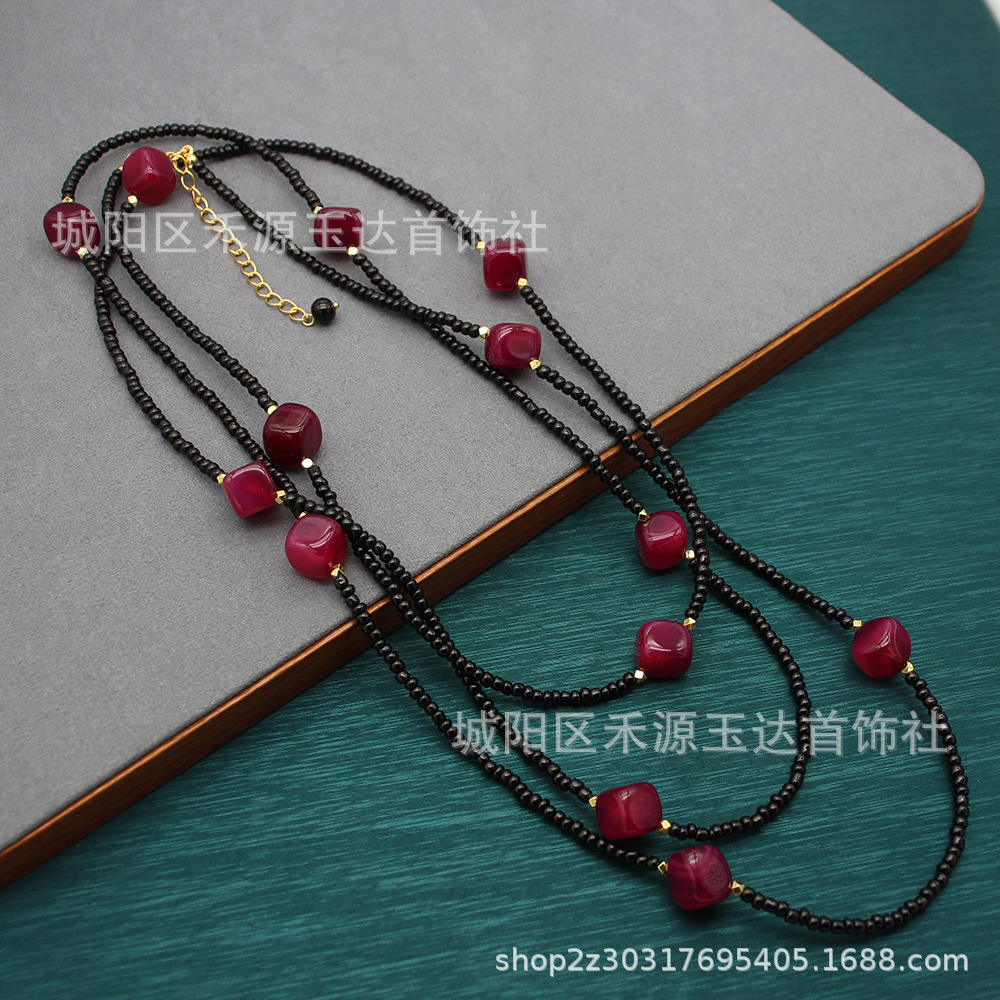 新款红玛瑙黑色米珠可多层佩戴长款项链简约女时尚气质百搭饰品