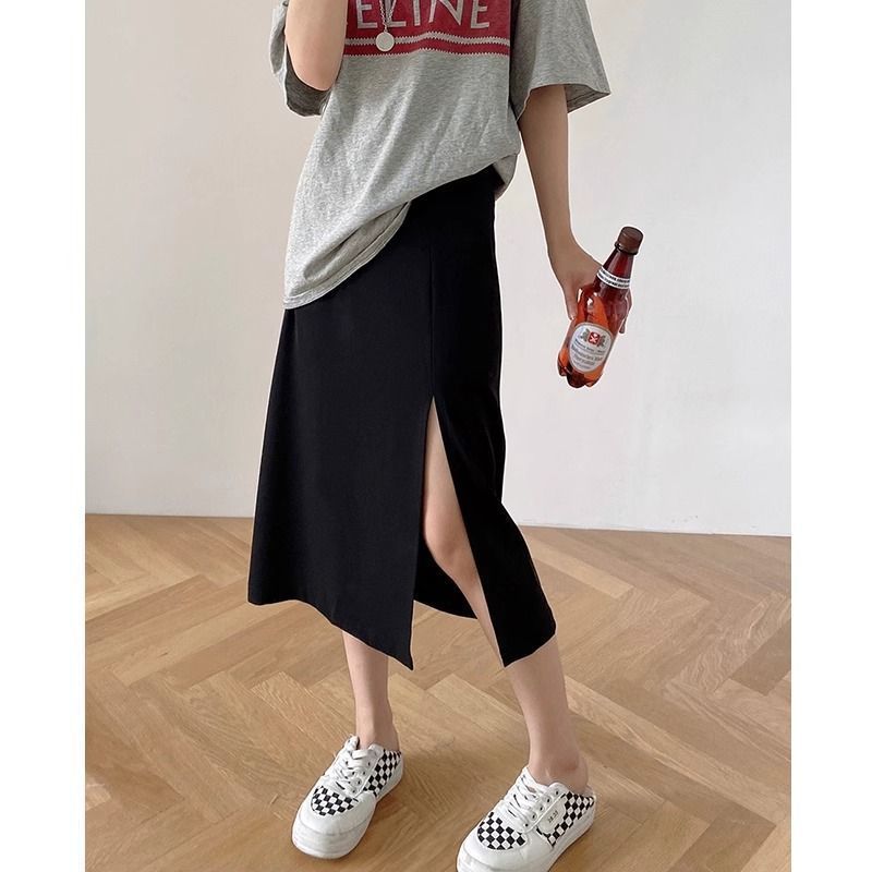 斤大码胖黑色开叉半身裙夏季高腰通勤小个子西装显瘦中长裙
