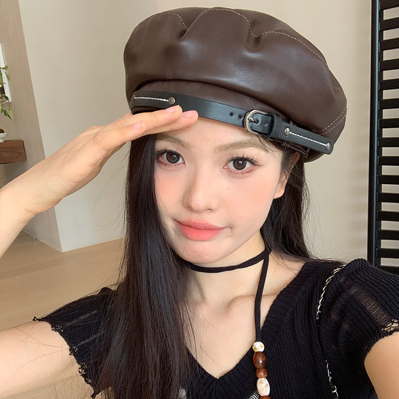 美拉德咖色皮质贝雷帽女夏天薄款大头围蓓蕾画家帽显脸小复古帽子