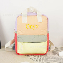 etsy热销新款刺绣名字款幼儿童手提背包橘黄色绗绣拼接轻质双肩包