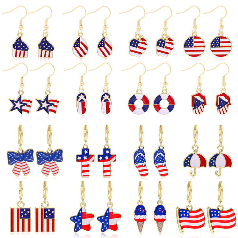 Amazon American Independence Day Earrings National Flag Red Blue White Pendant Ornaments Butterfly Lips Love Heart Earrings