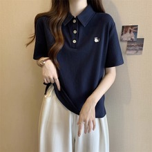 大码胖mm设计感polo领短袖t恤女夏2025新款多巴胺遮肉显瘦上衣ins