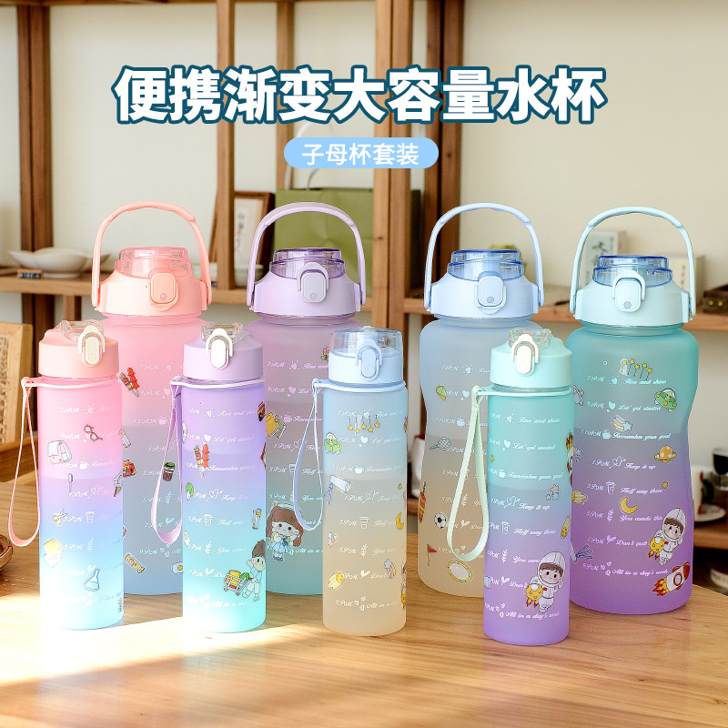 Large Capacity Water Bottle with Straw Sports Cup Gradient Frosted Cup Set Water Cup Portable Handle Two-Piece Set Wholesale Customization