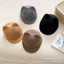 韩版宝宝秋季纯色短檐帽洋气百搭男女童个性时尚猫耳毛呢马术帽