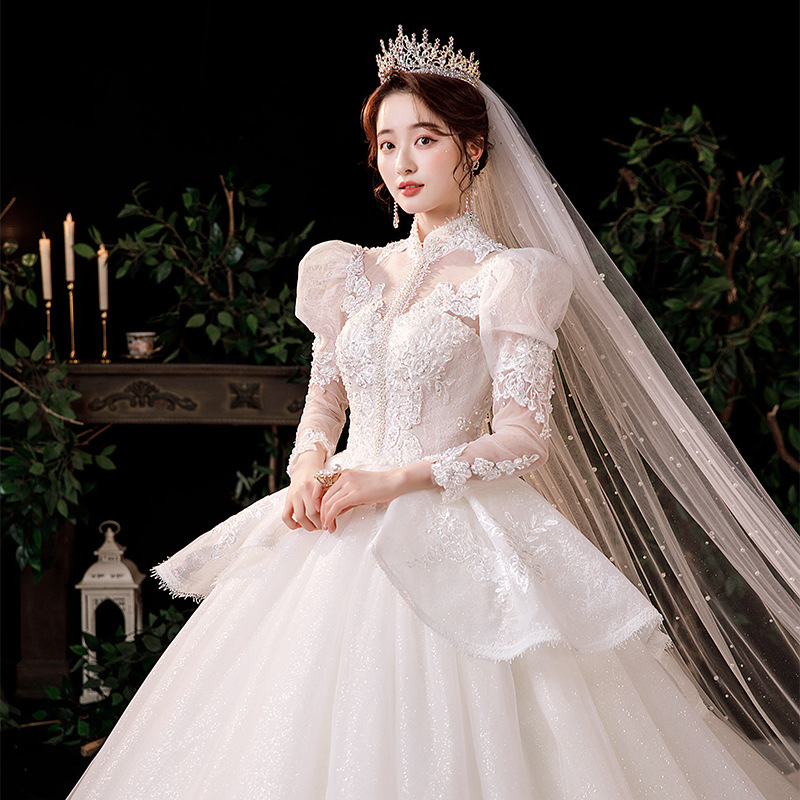 法式主婚纱2022新款夏季新娘长袖礼服宫廷公主风轻纱大拖尾遮手臂