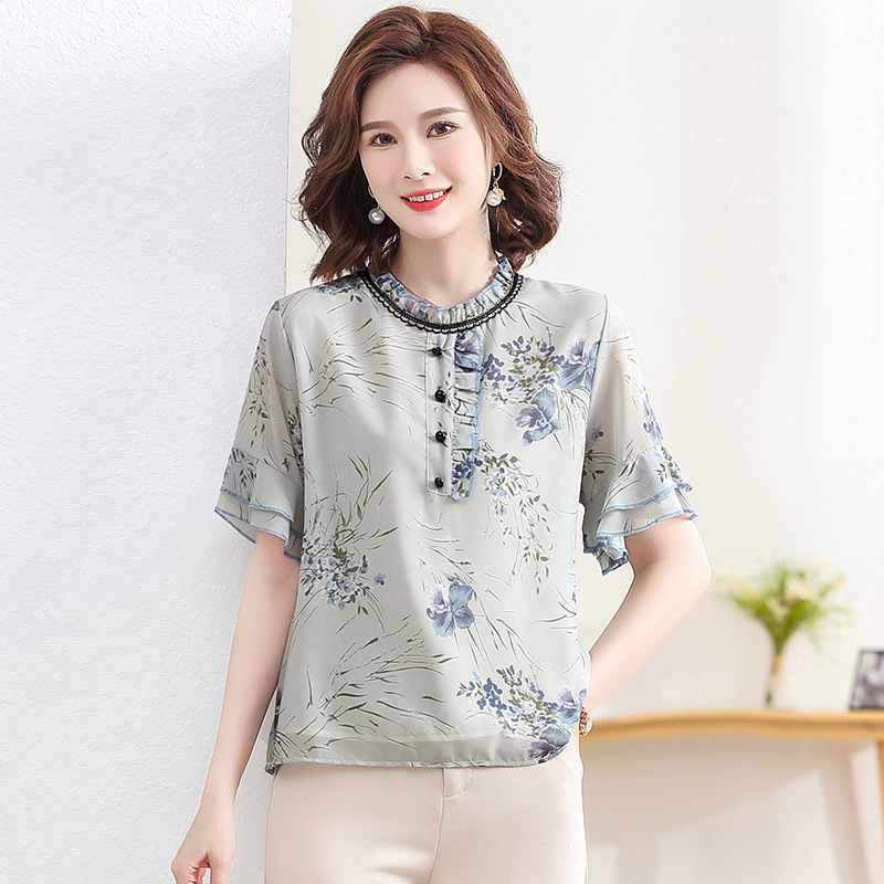 妈妈夏装洋气雪纺t恤中年女装新款中老年夏季花边领母亲节上衣服