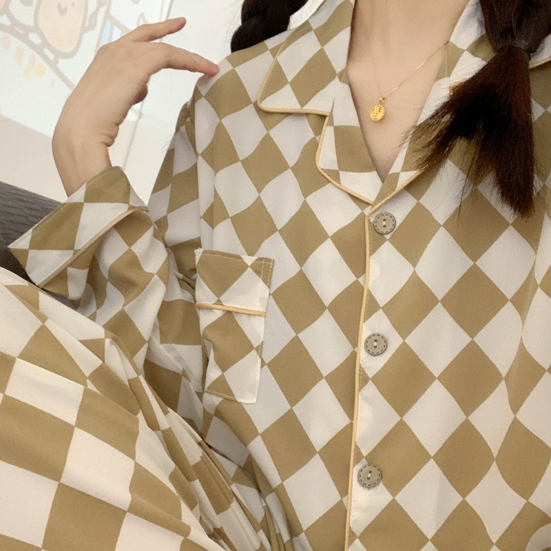 New Ice Silk Pajamas for Women plus Size Loose Apricot Diamond Lattice Autumn and Winter Long Sleeve Cardigan Homewear Suitable for Daily Wear Suit