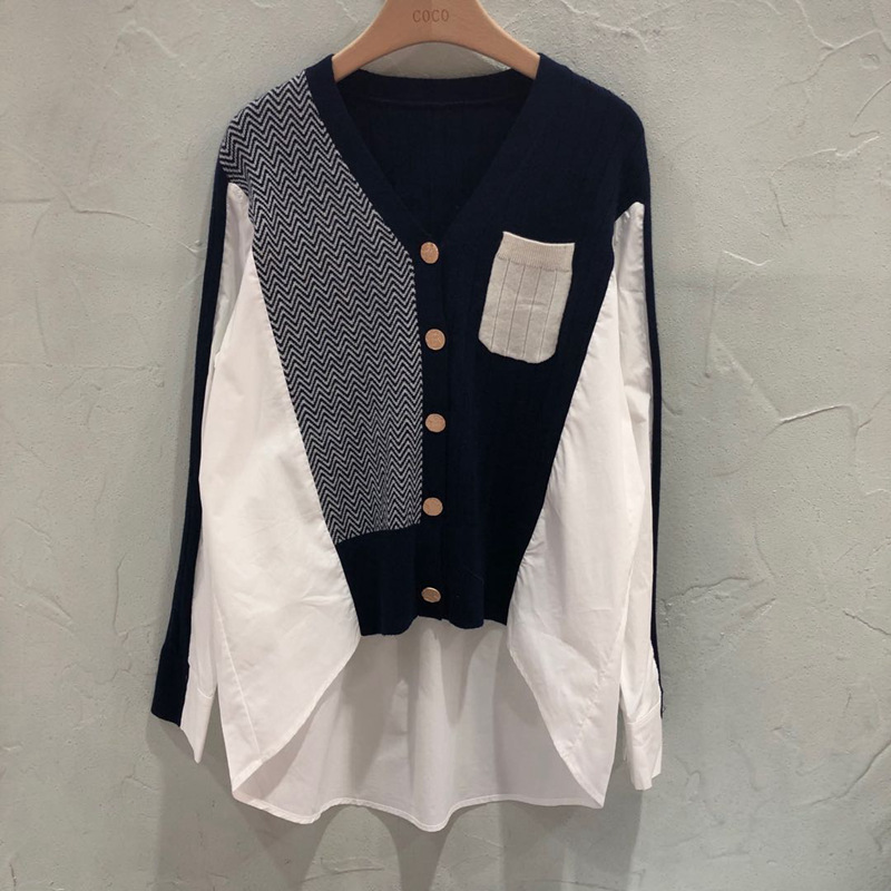 0成交0件2022春秋新款针织衫宽松一排扣v领衬衫长袖时尚拼接上衣