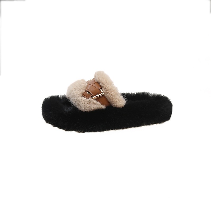 Thick Bottom Belt Buckle Fluffy Slippers Female 2023 Autumn and Winter New Korean Style Mid-Heel Outdoor Large Size Plush Slippers Female Fashion