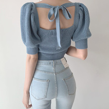 韩国chic法式优雅大方领镂空露背绑带小心机修身短款泡泡袖针织衫