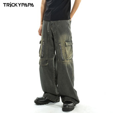 TKPA原创国潮牌重工水洗做旧大口袋工装牛仔裤男女美式复古直筒裤