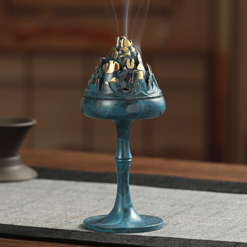 高脚博山炉中式家用香薰炉铜香炉茶道摆件盘香炉仿古檀香炉沉香炉-阿