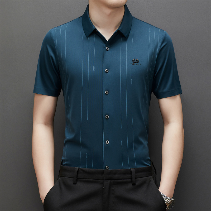 轻奢高端男衬衫短袖冰丝薄款无痕弹力中青年修身商务免烫抗皱衬衣