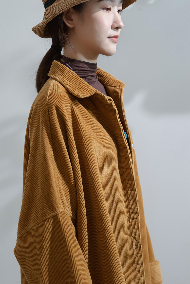 灯芯绒廓形短外套女春秋休闲文艺落肩袖单排扣宽松夹克风衣s1359