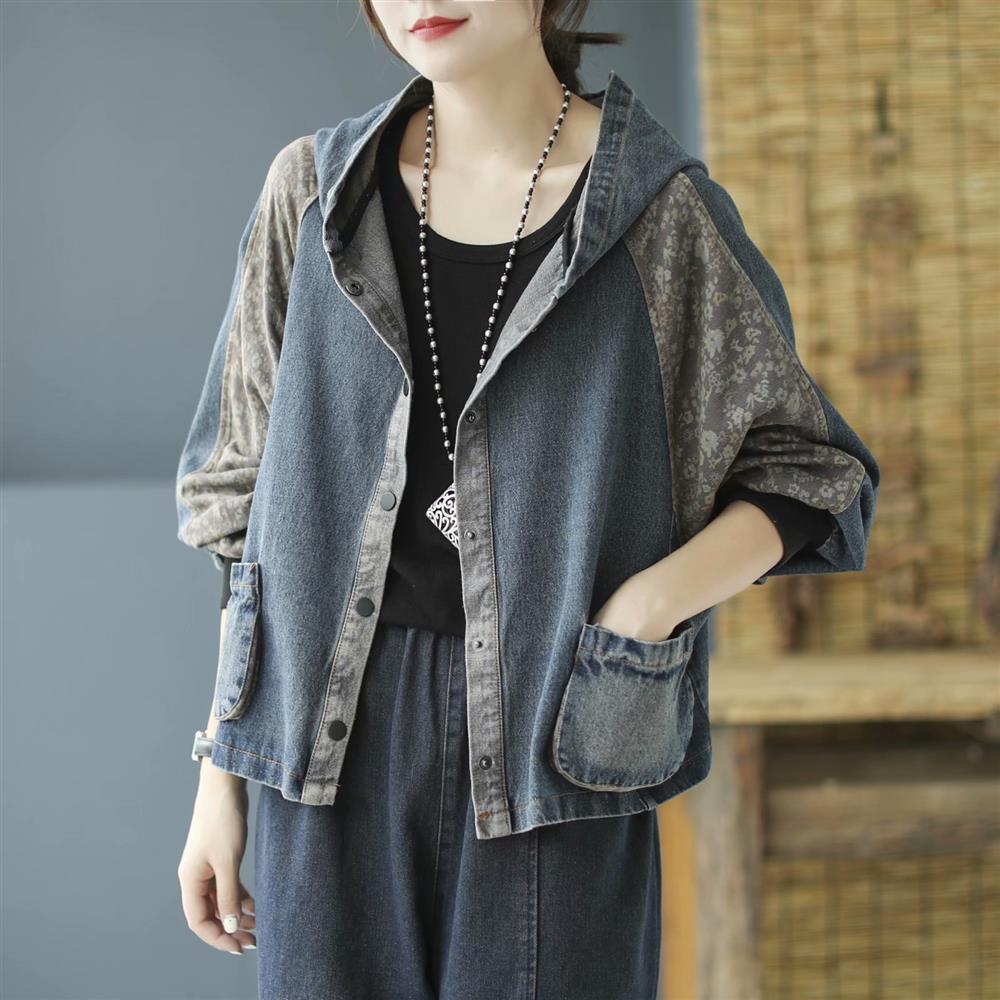 牛仔衣女宽松大码复古拼接碎花拼布显瘦连帽休闲外套