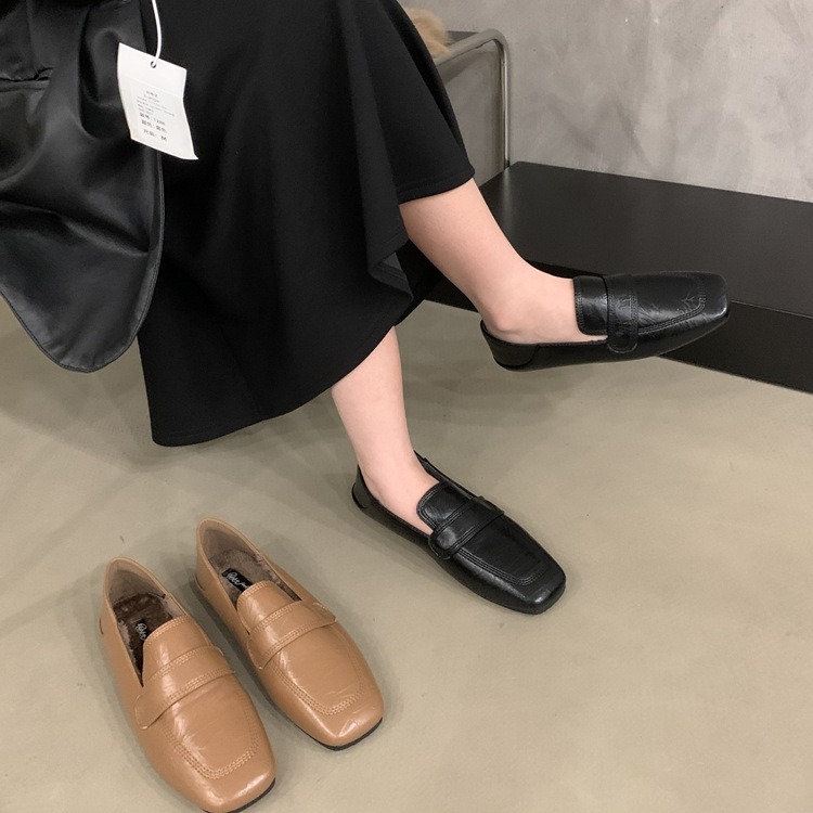 加绒小皮鞋女英伦2023新款韩版复古方头仙女一脚蹬平底乐福单鞋子
