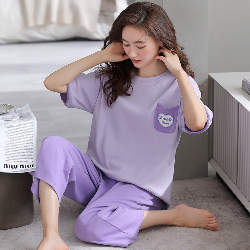睡衣女夏季纯棉短袖七分裤可爱休闲大码夏天薄款圆领家居服两件套