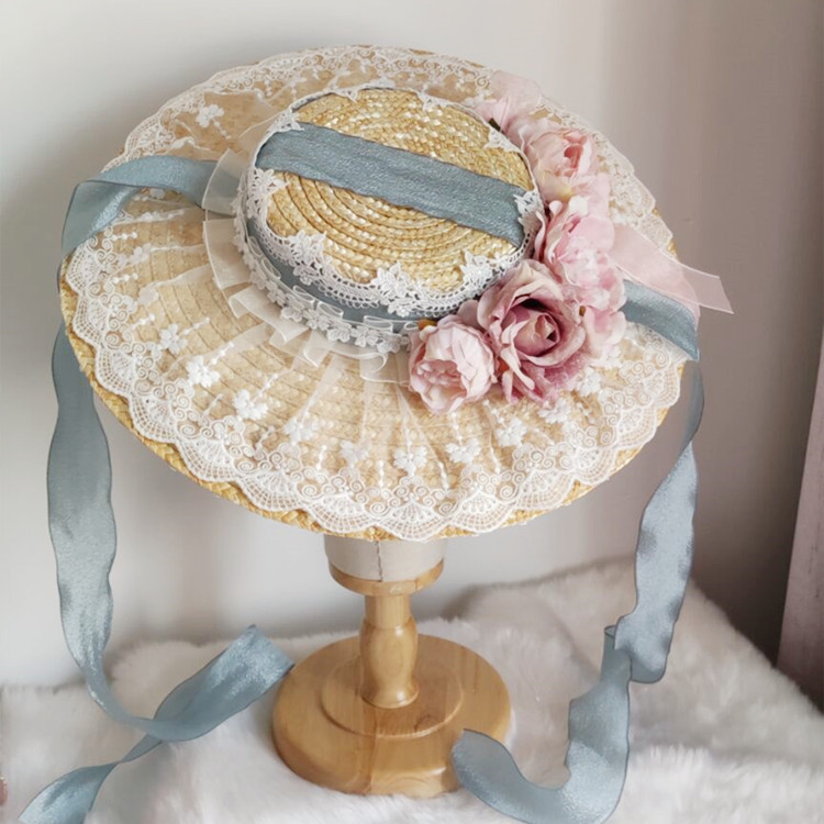 田园森女系仙洛丽塔甜美花朵草帽优雅防晒遮阳草帽法式系带平顶帽