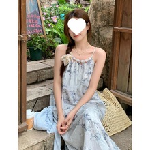 大码碎花挂脖吊带裙子夏季胖mm新中式国风连衣裙女开衫套装两件套