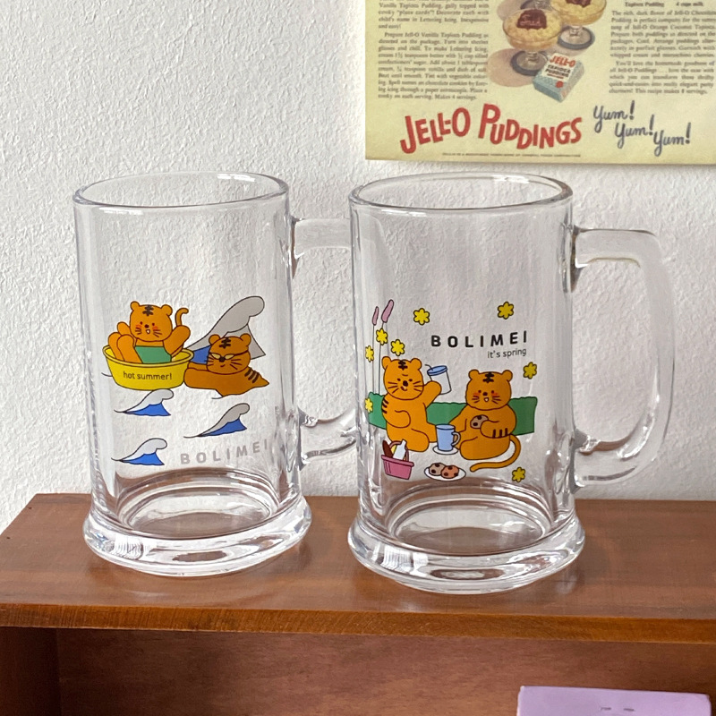 Thermal Transfer Printing Designer Model Large Capacity Glass Cat Tiger Cute Water Glass Milky Tea Cup Beer Steins Cartoon Cup