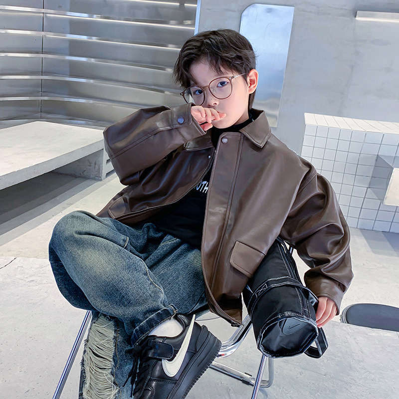 男童春装复古皮衣外套2024年新款儿童男孩痞帅皮夹克中大童机车服
