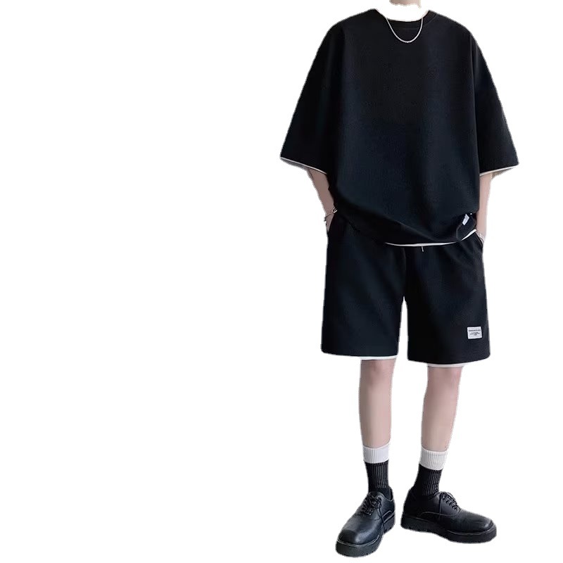 Summer Short-Sleeved T-shirt Casual Sports Suit Men's Waffle Fake Two-Piece Loose Half-Sleeved T-shirt Shorts Two-Piece Suit