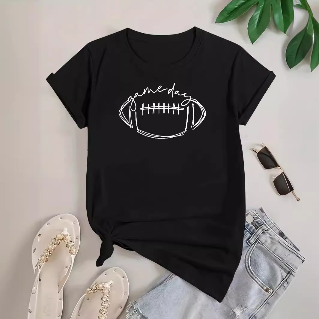 p01-7~欧美女装 休闲短袖t恤简笔画印花弹力打底上衣 亚马逊新款